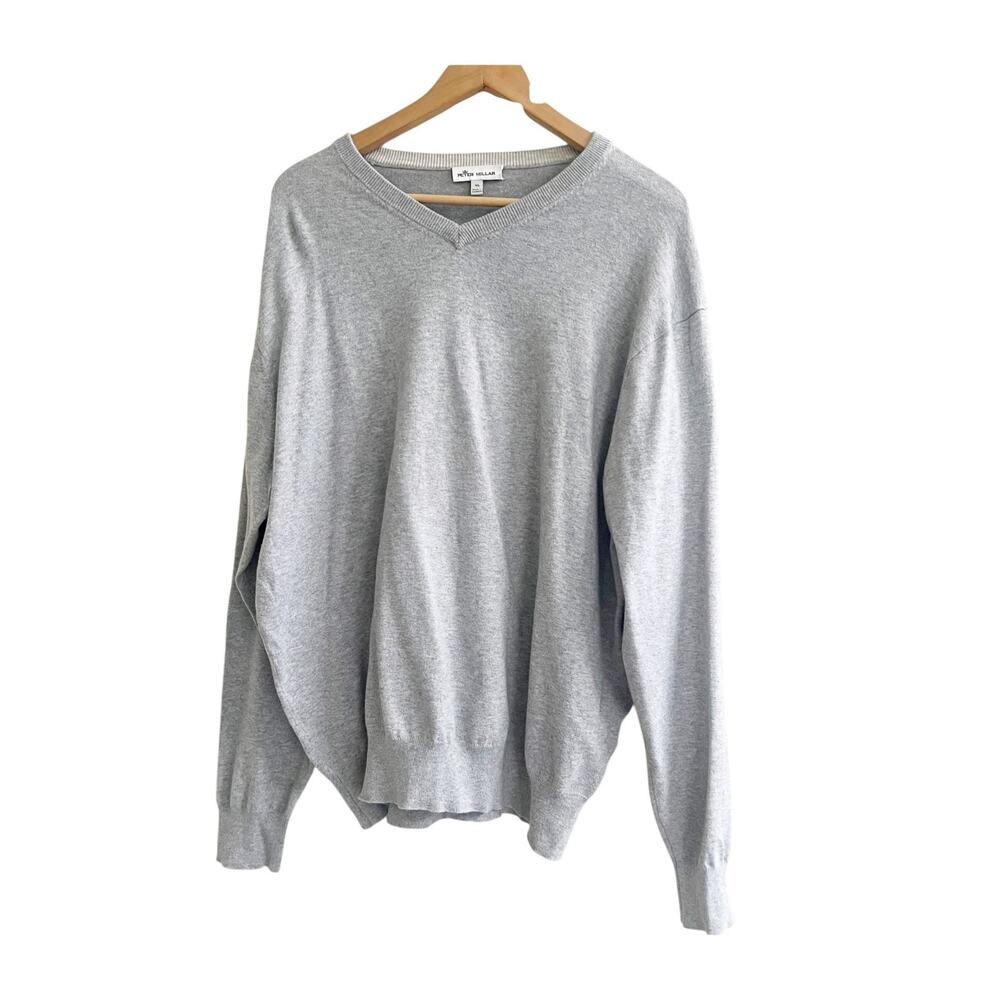 Peter Millar Sweater Men's XL Gray Cotton Ribbed Hem & Cuff V Neck Preppy Golf